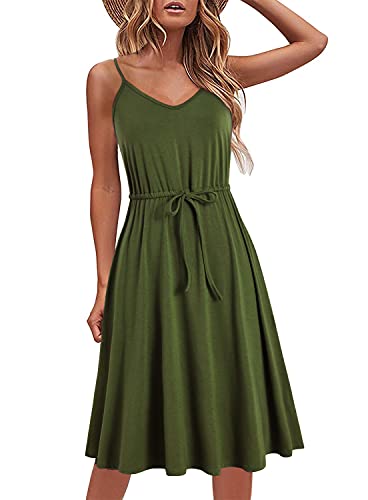 HELYO Women's Casual Summer Dress Beach Every Day Sleeveless Spaghetti Strap Adjustable Waist A Line Dress with Pockets 826 (XL, Army Green)