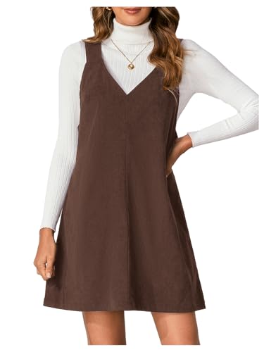 Milumia Women's Corduroy Overalls Dress Mini Pinafore Jumpers Fall Dresses | A Line, V Neck, for Ladies, 90s, Going Out, 2026 Fall Photoshoot Outfits, Casual Short Dresses, Chocolate Brown, Large