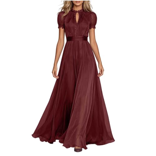 Women's Lace Evening Dress Puff Short Sleeve High Neck Maxi Gown Wine