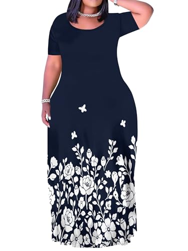 Girlair Women's Plus Size Summer Maxi Dress with Pockets B-Floral-1 3XL | Relaxed A-line fit with soft stretch side pockets and easy pull-on styling