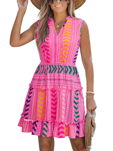CUPSHE Women's Geo Print Tie V-Neck Ruffle Mini Dress Pink Patterned, L