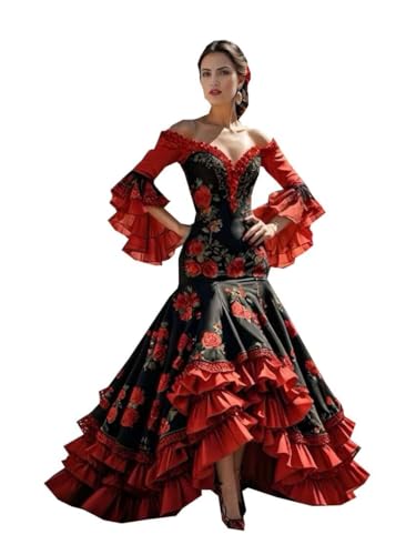 Red Floral Flower Pattern V Neck Mermaid Mexican Prom Queen Wedding Party Dresses for Women Teen Girl Junior Plus Size Petite Ruffle Satin Black and Red Lace Short Front Long Back 2