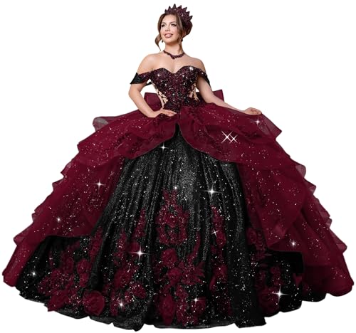 Mauuwy Luxury Sequin Gothic Sweet 16 Dresses Burgundy Deep with Bow | Quinceanera Dresses with 3D Flowers, Tulle Tiered Vestidos De 15 Años Size 6