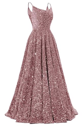 Long Sequins Spaghetti Straps Prom Dress for Women A-Line Backless Gowns | Ruched Corset Evening Dresses Glitter 2026 Sleeveless Formal Party Ball Gowns with Pockets Dusty Rose 16