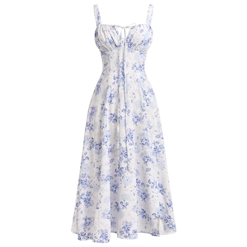 IBTOM CASTLE Women Floral Corset Dress: Ladies Boho Midi Dress Spaghetti Straps Square Neck Casual Flowy Slit Lace Up Bustier Dresses Party Going Out A Line Summer Sundress White & Blue Floral XL