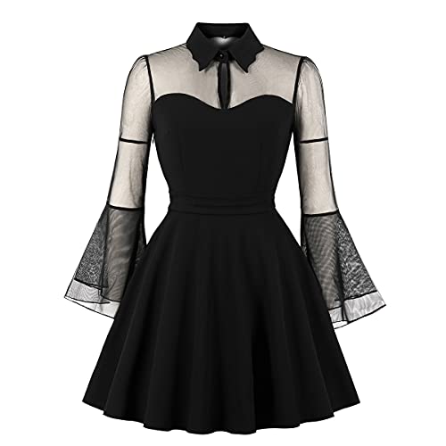 Women's Keyhole Front Mesh Bell Sleeve V-Neck Cocktail Swing Dress Knee Length 1950s A-line Mini Fit and Flare Skater Dress Peter Pan Collar Vintage 40s 50s Retro Rockabilly Prom Tea Dress Z#Black S