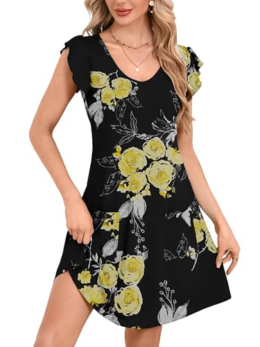 DEARCASE Summer Ruffle Sleeve Floral Mini Dress,Black Yellow,Large
