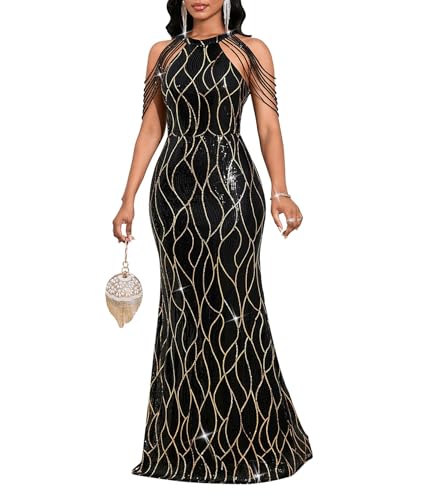 Cololura Women Sexy Elegant Sequin Tassel Off Shoulder Halter Bodycon Party Evening Gown Maxi Dress Black-Gold