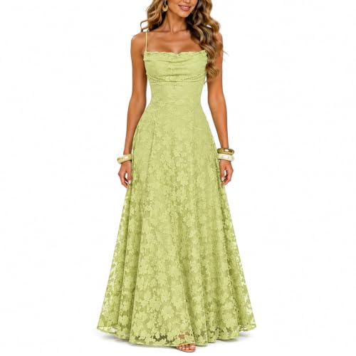 Women's Floral Lace Maxi Dress, Cowl Neck Formal Wedding Guest Dress Green
