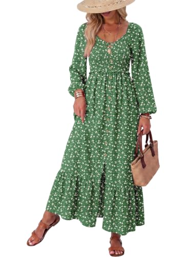 Dokotoo Womens Wedding Guest Dresses for Women 2026 Boho Floral Square Neck Smocked Button Down Beach Long Maxi Dress Casual High Waist A-Line Ruffle Sun Dresses Fall Vacation Outfits Green Medium