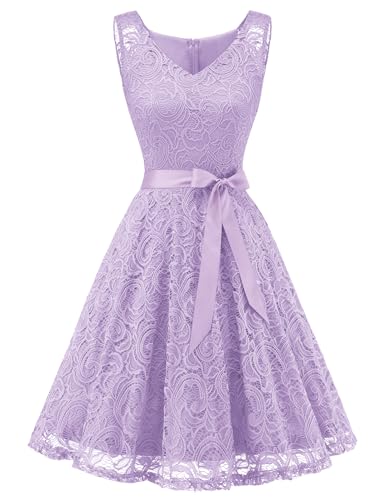 Dressystar Women’s Lace V Neck Short Bridesmaid Cocktail Dress Lavender S