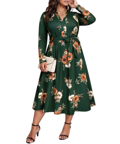 CARCOS Plus Size Wedding Guest Dresss Women Wrap Fall Long Sleeve Green 4XL | V-neck floral flowy maternity casual dress high elastic tie waist with pockets midi great for pear-shaped figures 24w 26w