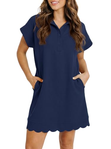 Fisoew Womens Casual T Shirt Mini Dress Athletic Collared V Neck Dresses