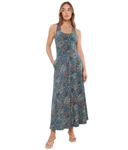 Pact Women's Fit-and-Flare Open Back Maxi Dress Deep Aqua Flower Fields Medium