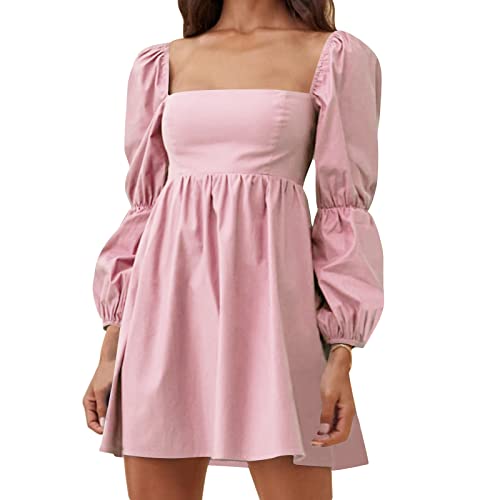 EXLURA Womens Square Neck Dress Long Puff Sleeve A-Line Casual Short Mini Dress Pink
