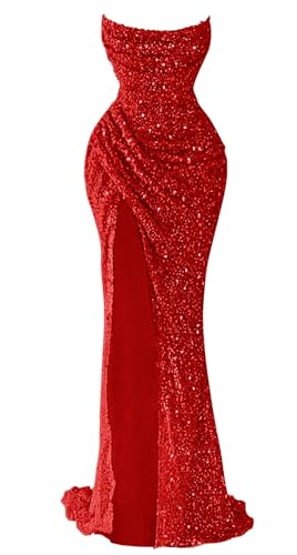 Zeeyecie Women's Sequin Red Prom Dress 2026 Mermaid Sparkly Long Evening Formal Party Ball Gowns with Slit US2