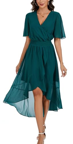 Kormei Women Short Sleeve V Neck Floral High Low Flowy Summer Party Long Maxi Dress L Chiffon Green