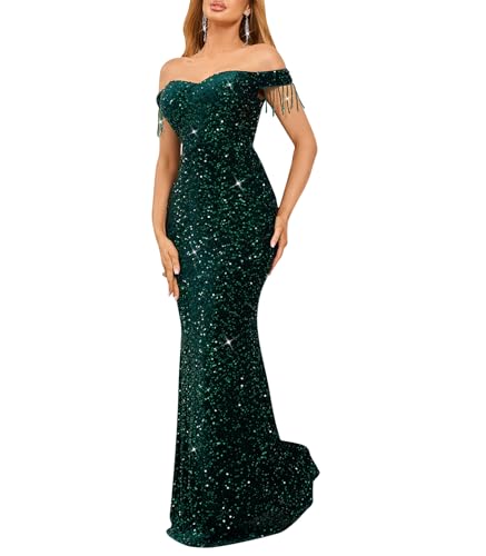 dasmzper Women Off Shoulder Sequin Evening Gown – Tassel Sleeve Formal Maxi Dress for Wedding, Prom Green