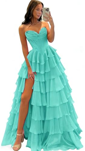 Women's Ruffle Corset Prom Dress with Slit Strapless Chiffon Tiered Long Formal Evening Party Gown with Slit Turquoise XS