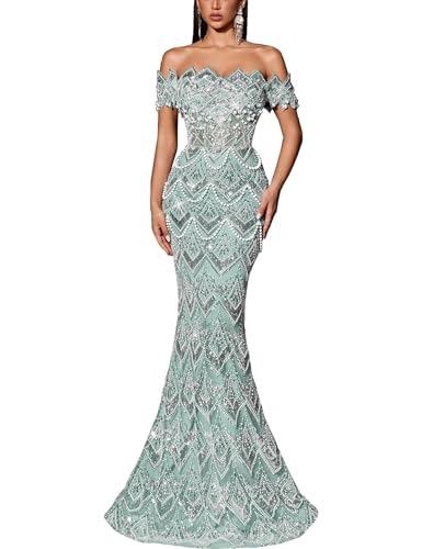 VOUIAO Women Sequin Beaded Mermaid Formal Evening Gown Prom Dress Blue XXL | Off Shoulder,Sparkly Wedding Guest Dress,Backless,Bodycon Party Cocktail Maxi Dress,Lace Up Back,Elegant Gala Red Carpet Gown