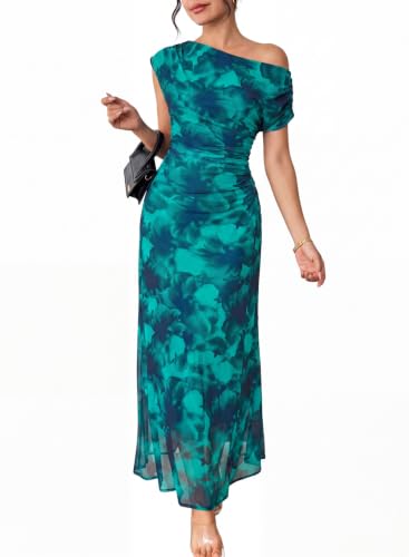 BLENCOT Women's Mesh Bodycon Maxi Dress Off Shoulder Short Sleeve Floral Printed Ruched Slimming Fitted Party Club Dresses Green L