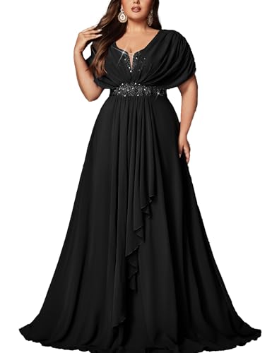 VOUIAO Women Sequin Plus Size Bridesmaid Dresses Formal Prom Gown Black 5XL | High Slit,Ruffle,Elegant Summer Chiffon A Line Long Wedding Guest Dress,Lace Up Curvy Party Evening Cocktail Gala Maxi Gown