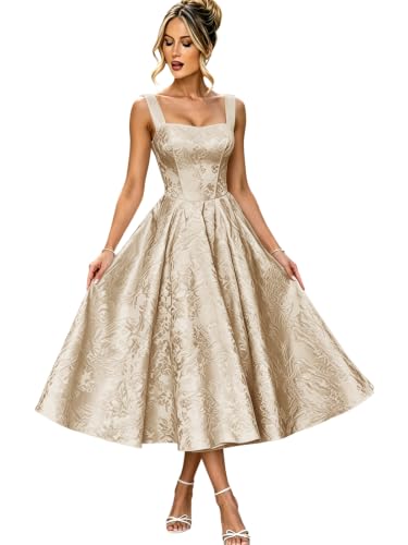Eightale Tea Length Jacquard Bridesmaid Dresses Champagne Gold Satin US 6