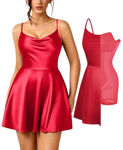 Popilush Mini Corset Dress with Built in Bra, A-line Shapewear Red XXL