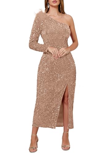 VERWIN Women's Sequins Dress One Shoulder Bodycon Oblique Collar Maxi Dress Sparkly Spilt Wrap Cocktail Dress XXL Camel