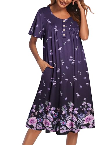 Ekouaer House Dress for Women with Pockets Short Sleeve Moo Moos Nightgowns | Floral Print Mumu Dress, Button Pleated Night Gowns, Knee Length Lounge Dress, Plus Size Sleep Dress for Home, Garden, Gifts