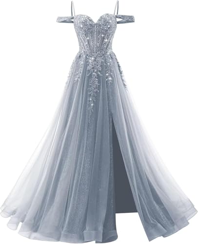 Sparkly Tulle Prom Ball Gown 2026 Plus Size Off Shoulder Prom Dress for Women Lace Applique Corset Evening Dress with Slit Dusty Blue