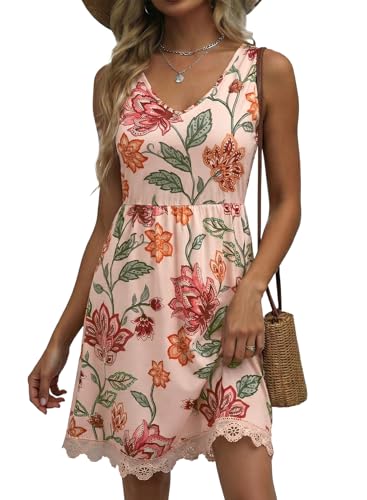 Dokotoo Summer Sundresses for Women Sleeveless V Neck Floral Beach Vacation Fahion Clothing Resort Wear Dressy Flowy Lace Mini Dress Elegant Beach Vacation Clothes 2026 Apricot