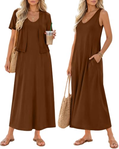 JoyMotion 2 Piece Dress Sets for Women Casual Maxi Dresses Brown L