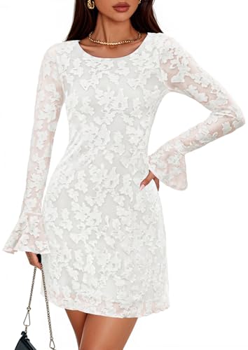 ZESICA Womens Long Sleeve Floral Mesh Bodycon Mini Dresses White M