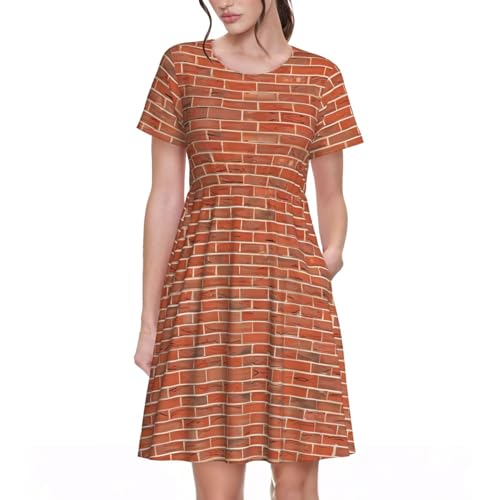 Large Women's Short Sleeve Dress - Crew Neck Summer Casual Loose Red Brick Wall Texture Print Dresses, Beach Vacation Outfit