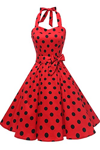Topdress Women's Vintage Polka Audrey Dress 1950s Halter Cocktail Dress Red/Black Dot 3XL