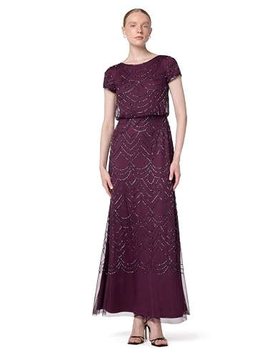 Adrianna Papell Women's Short Sleeve Blouson Beaded Gown, Cassis, 12