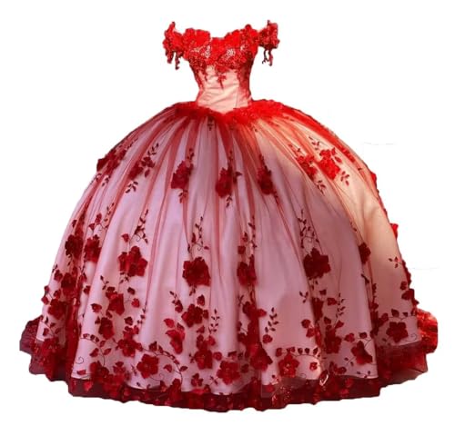 Beilite 3D Flowers Beaded Tulle Quinceanera Dress Puffy Ball Gowns Off Shoulder Sweet 16 Princess Dresses Red 6