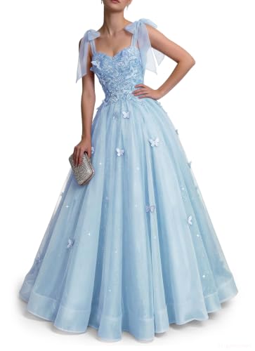 Light Blue Butterflies Ball Gown Long Prom Dress for Women Formal Lace Appliques Glitter Tulle Light Blue Prom Dresses 2026 US4