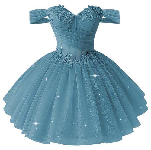 XYAYE Sweetheart Short Homecoming Dresses Beaded Off Shoulder Dusty Dress | Blue Quinceanera DAMA Dresses Tulle Beaded Cocktail Dress Size 4