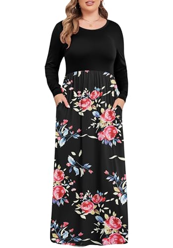 KARALIN Women's Plus Size Maxi Dresses for Curvy Women Long Sleeve Casual Dress Black Rose Black 18W