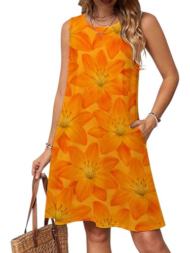 VLANMON Orange Lilies Pattern Background Women's Summer Casual Sleeveless Beach Dresses with Pockets