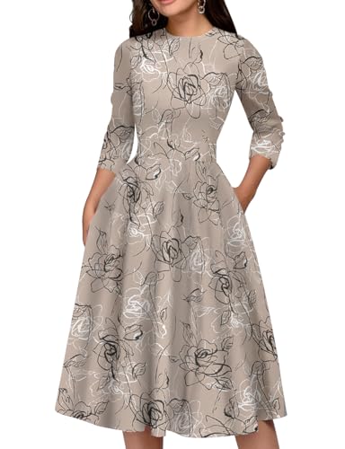 Simple Flavor Womens Floral Vintage Midi Dress 3/4 Sleeve Coffee Sketch XL