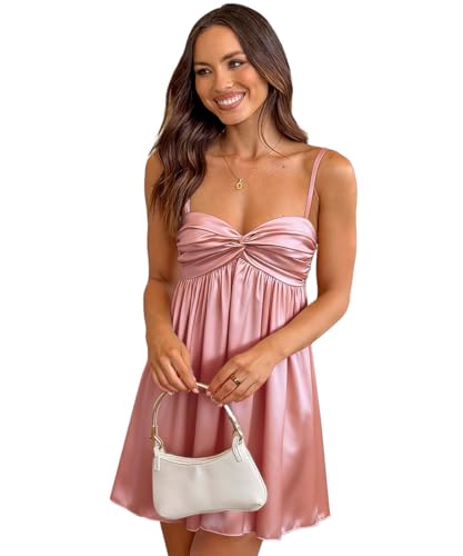 GRMLRPT Women Satin Homecoming Dresses Short Sweetheart Neck Adjustable Spaghetti Straps A Line Prom Party Cocktail Dress,Pink,L