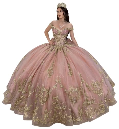 Mauuwy Quinceanera Dresses Dusty Rose Off the Shoulder Vestido De 15 Años | 15 Years for Quinceañera ,Puffy Ball Gowns with Gold Appliques Size 4