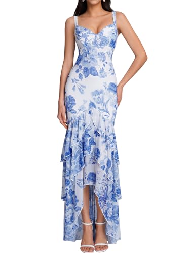 HTZMO Women Tiered Hem Floral Wedding Guest Elegant Maxi Dress Blue Floral