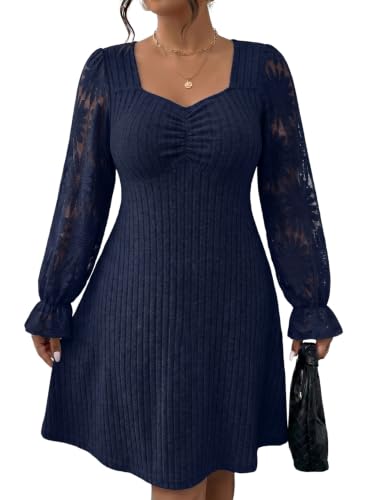 Eytino Plus Size Fall Dresses for Women,2X Navy Blue | Square Neck Sweater Dress,Mesh Lace Long Sleeve,Ribbed Knit A line,Wedding Guest Dresses