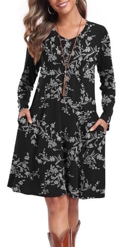 lionstill Plus Size Fall Long Sleeve Casual T-Shirt Dress, Floral XXL | Casual A Line, Swing Floral Dress with Pockets, Soft Stretch Feel, V-neck Loose Fit for Holiday, Casual Fall Winter Outfits