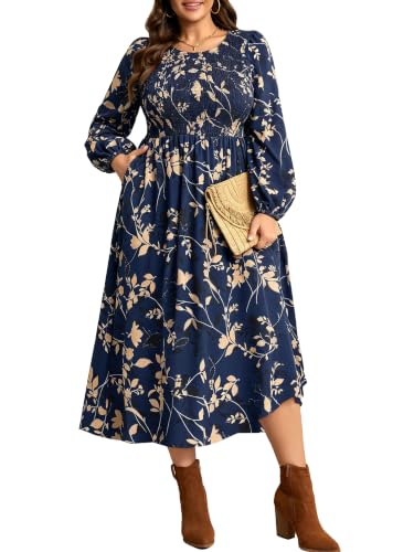 Plus Size Dresses for Wedding Guest Smocked Fall Maxi Dress Floral Navy 3XL | Long Sleeve, Crew Neck, Aline, Side Pocket, Empire Waist, Semi-Formal, Business Casual, Bridal Shower, Elegant Cocktail Dress