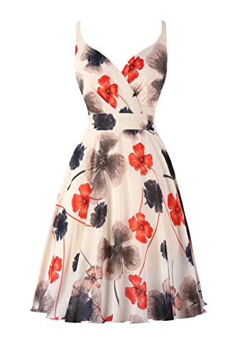 Dressever V-Neck Cocktail Dress Chiffon Sundress Beige Flower L